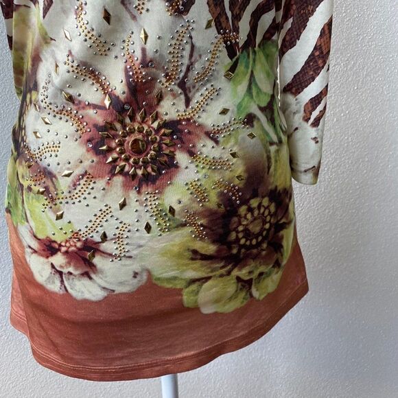 Cache White Brown Animal Stripe Floral Beaded Ruched Y2K Jersey SZ S - Picture 6 of 14